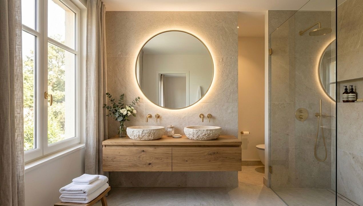 Salle de bain rétro — Faïence bleue avec frises fleuries